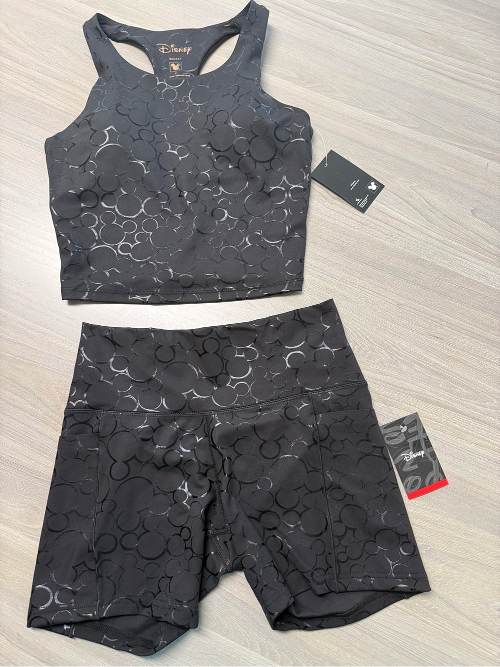 NWT Disney Mickey Mouse Black Running Workout Set Crop Top Biker Shorts